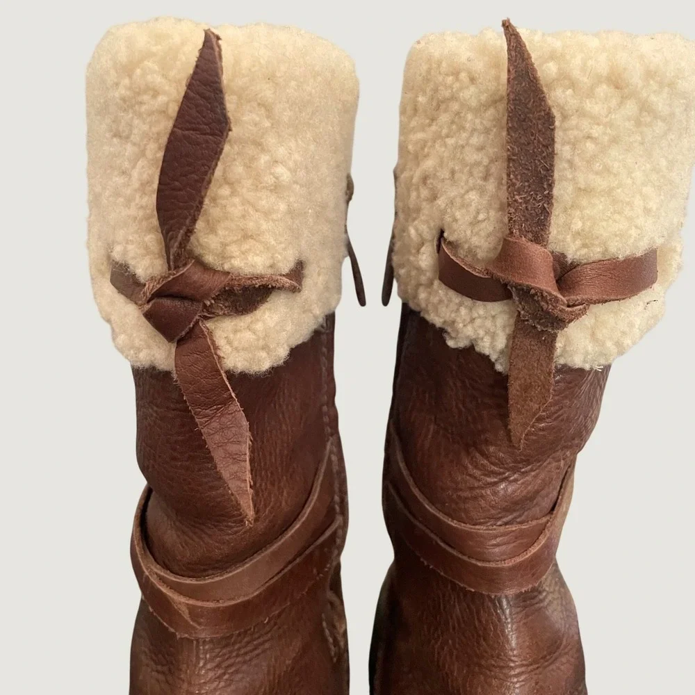 UGG Australia Summit Shearling Mid Calf Snow Boots Women 8 Brown Cream Sherpa